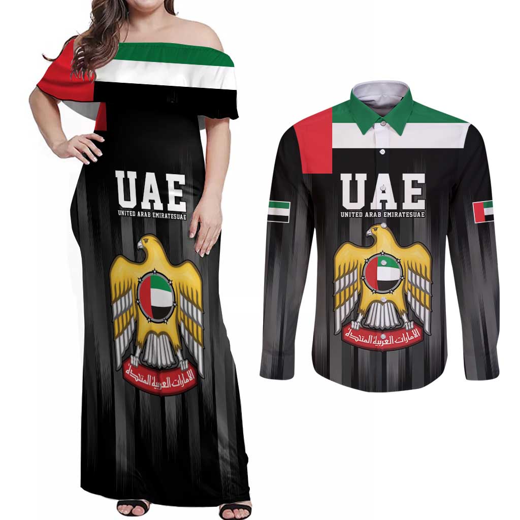 United Arab Emirates Couples Matching Off Shoulder Maxi Dress and Long Sleeve Button Shirt UAE Emblem Hawk of Quraish LT9 - Wonder Print Shop