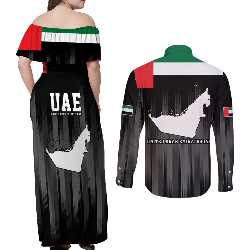 United Arab Emirates Couples Matching Off Shoulder Maxi Dress and Long Sleeve Button Shirt UAE Emblem Hawk of Quraish LT9 - Wonder Print Shop