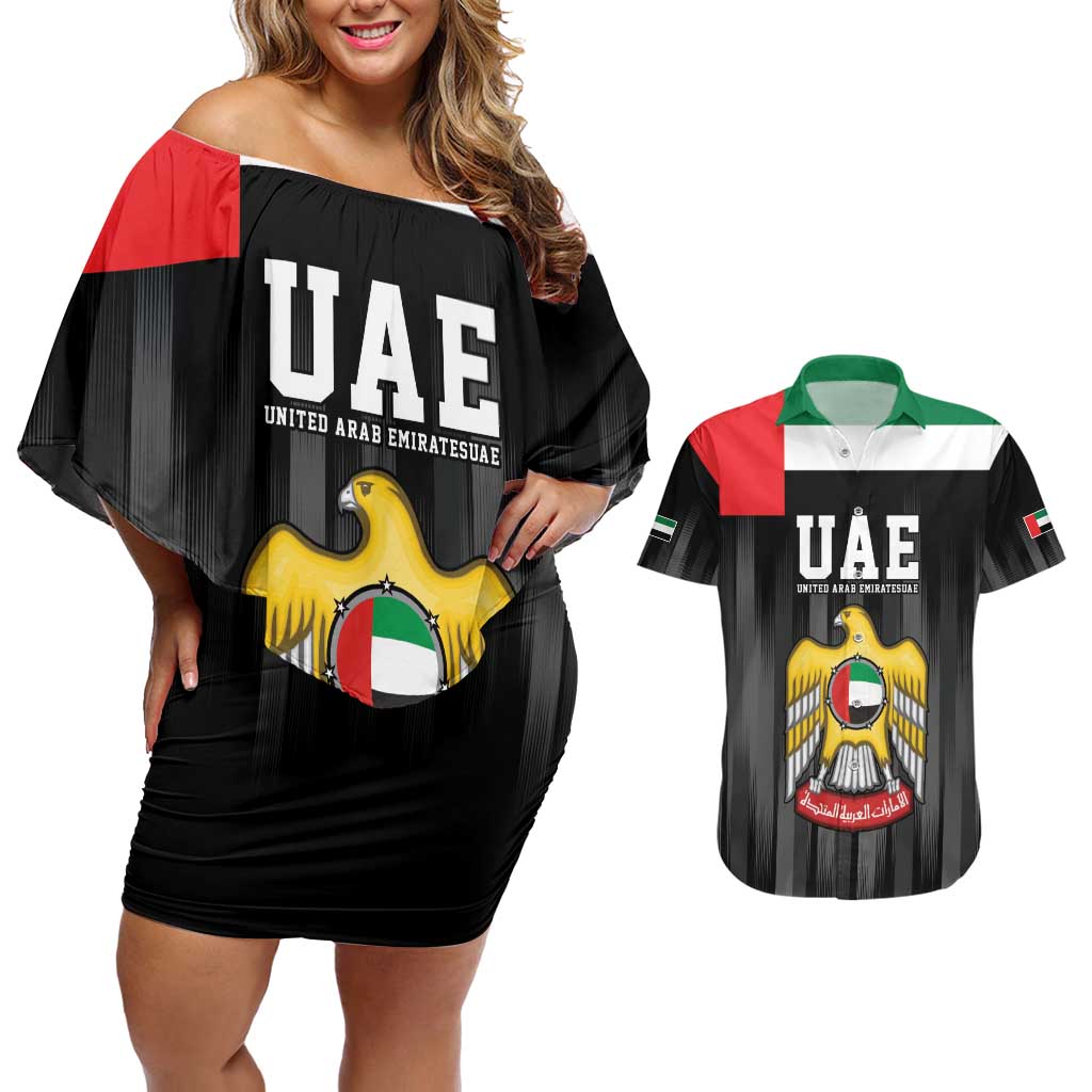 United Arab Emirates Couples Matching Off Shoulder Short Dress and Hawaiian Shirt UAE Emblem Hawk of Quraish LT9 - Wonder Print Shop