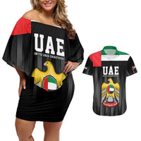 United Arab Emirates Couples Matching Off Shoulder Short Dress and Hawaiian Shirt UAE Emblem Hawk of Quraish LT9 - Wonder Print Shop