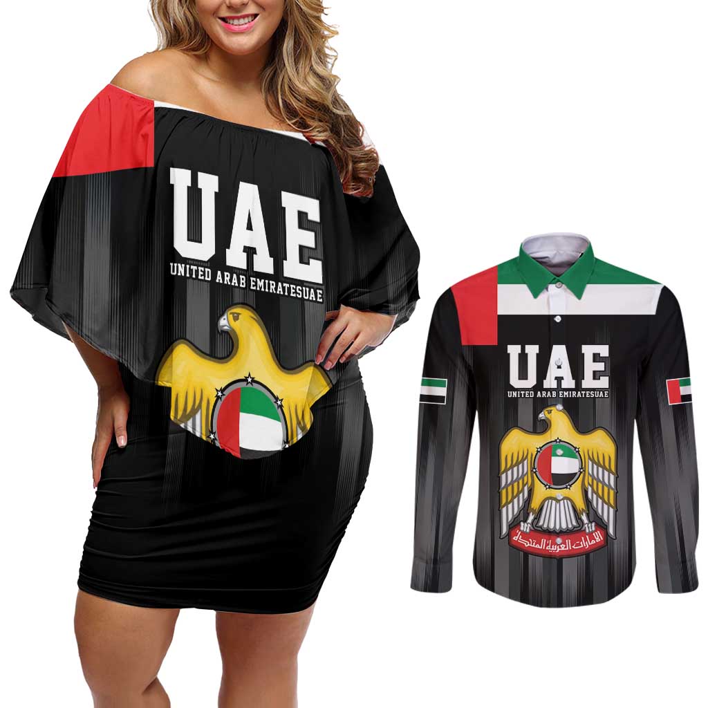 United Arab Emirates Couples Matching Off Shoulder Short Dress and Long Sleeve Button Shirt UAE Emblem Hawk of Quraish LT9 - Wonder Print Shop