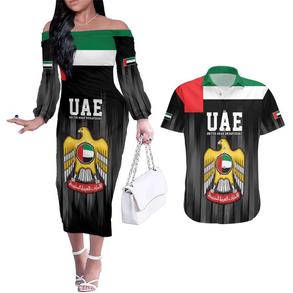 United Arab Emirates Couples Matching Off The Shoulder Long Sleeve Dress and Hawaiian Shirt UAE Emblem Hawk of Quraish LT9 - Wonder Print Shop