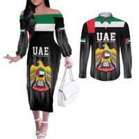 United Arab Emirates Couples Matching Off The Shoulder Long Sleeve Dress and Long Sleeve Button Shirt UAE Emblem Hawk of Quraish