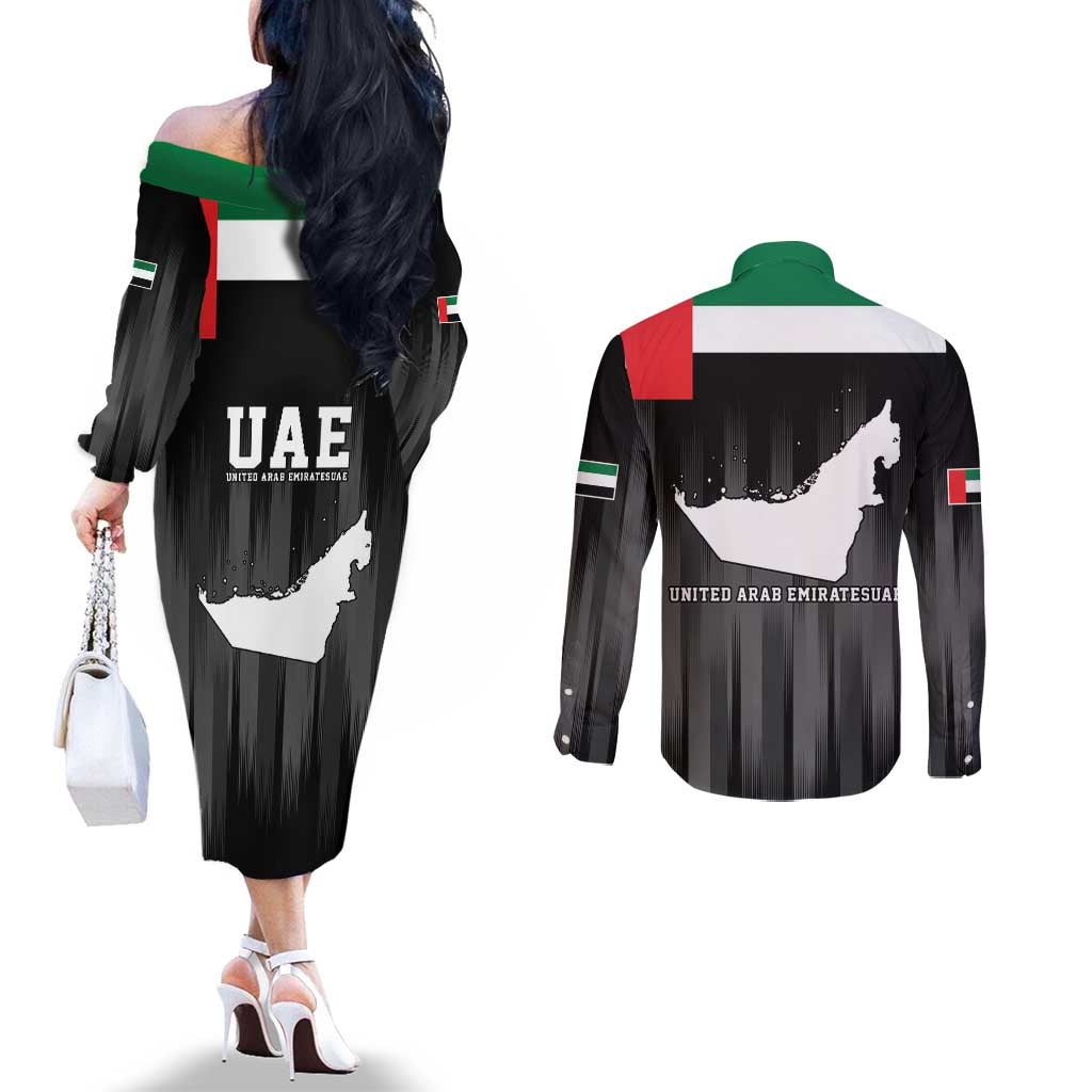 United Arab Emirates Couples Matching Off The Shoulder Long Sleeve Dress and Long Sleeve Button Shirt UAE Emblem Hawk of Quraish