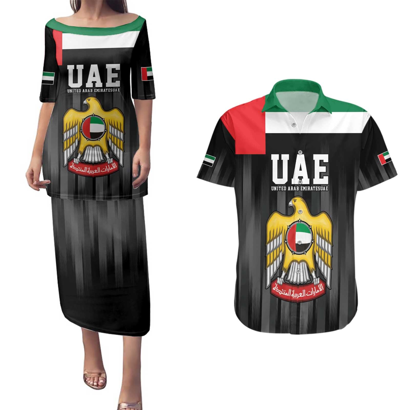 United Arab Emirates Couples Matching Puletasi and Hawaiian Shirt UAE Emblem Hawk of Quraish LT9 - Wonder Print Shop