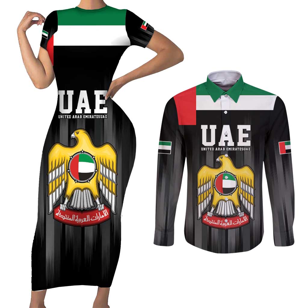United Arab Emirates Couples Matching Short Sleeve Bodycon Dress and Long Sleeve Button Shirt UAE Emblem Hawk of Quraish LT9 - Wonder Print Shop