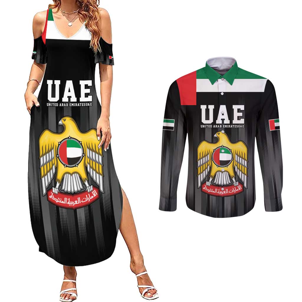 United Arab Emirates Couples Matching Summer Maxi Dress and Long Sleeve Button Shirt UAE Emblem Hawk of Quraish LT9 - Wonder Print Shop