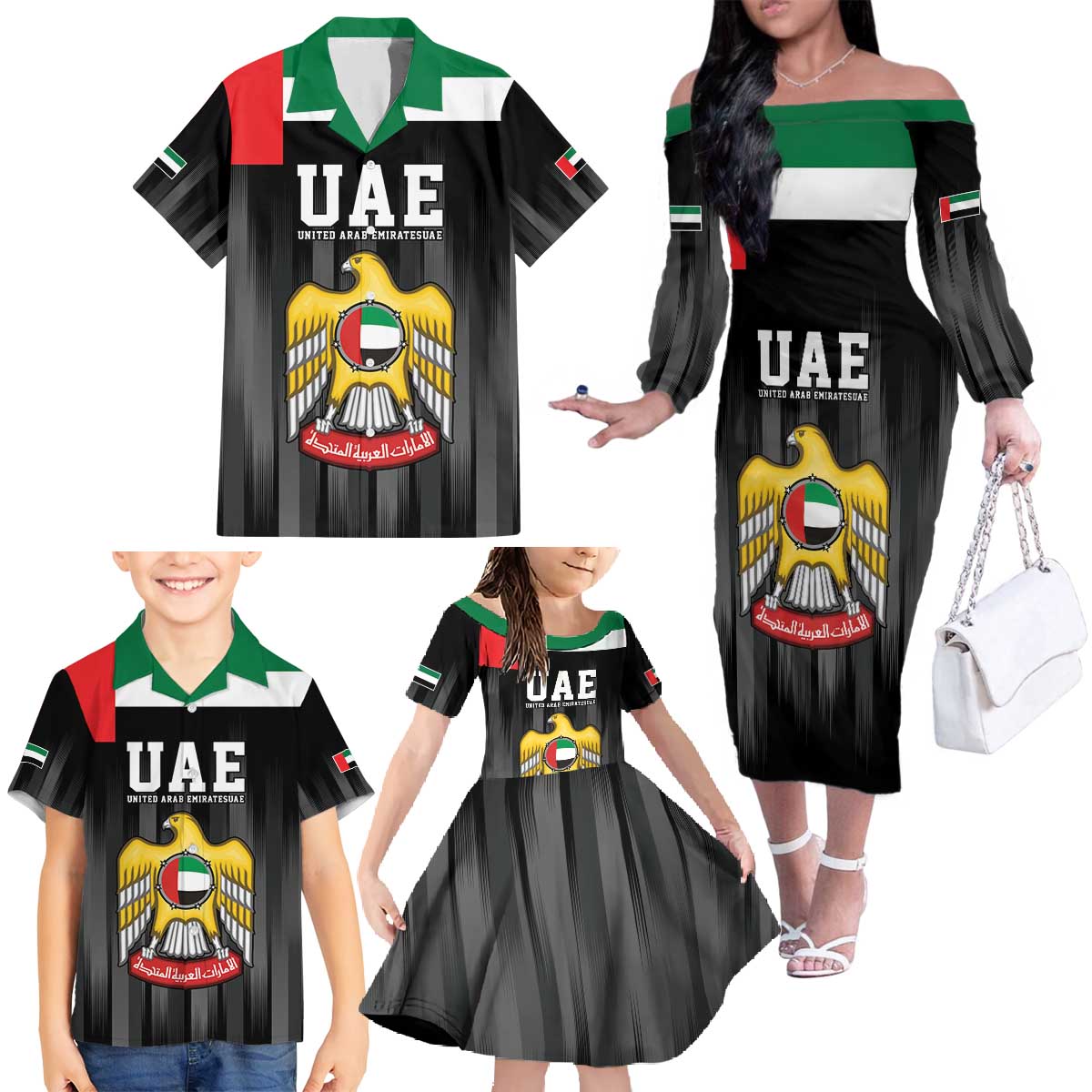 United Arab Emirates Family Matching Off The Shoulder Long Sleeve Dress and Hawaiian Shirt UAE Emblem Hawk of Quraish - Wonder Print Shop