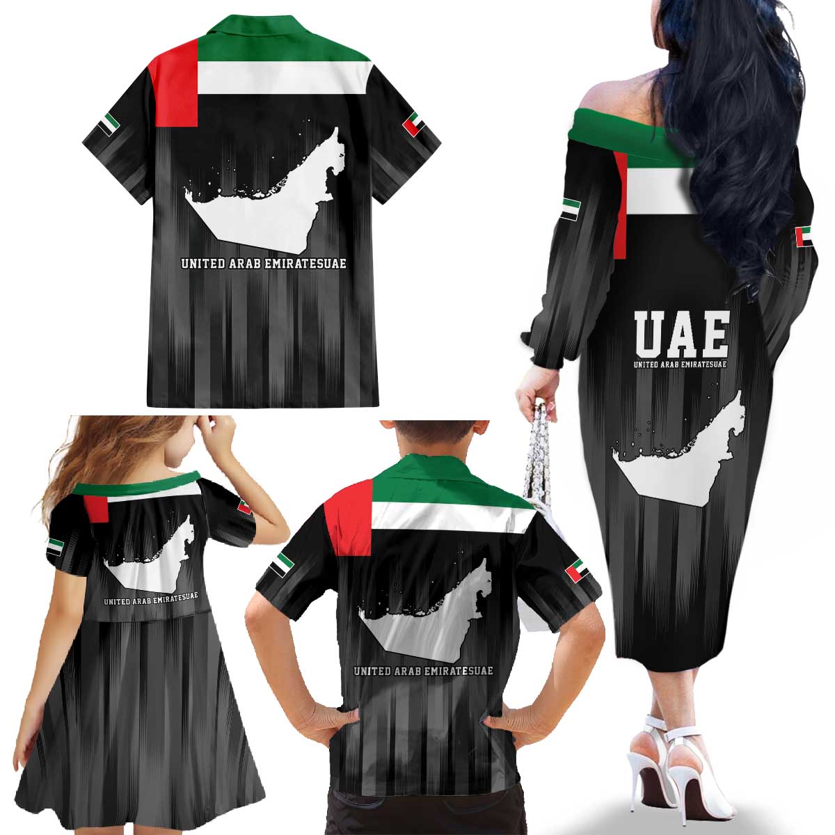 United Arab Emirates Family Matching Off The Shoulder Long Sleeve Dress and Hawaiian Shirt UAE Emblem Hawk of Quraish - Wonder Print Shop