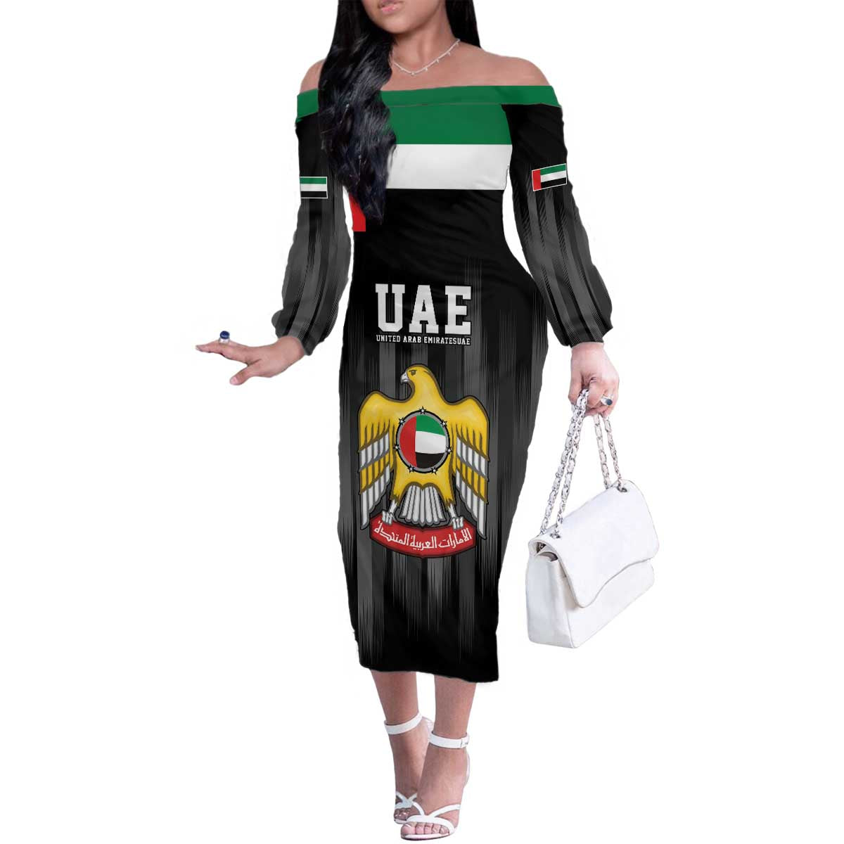 United Arab Emirates Family Matching Off The Shoulder Long Sleeve Dress and Hawaiian Shirt UAE Emblem Hawk of Quraish - Wonder Print Shop