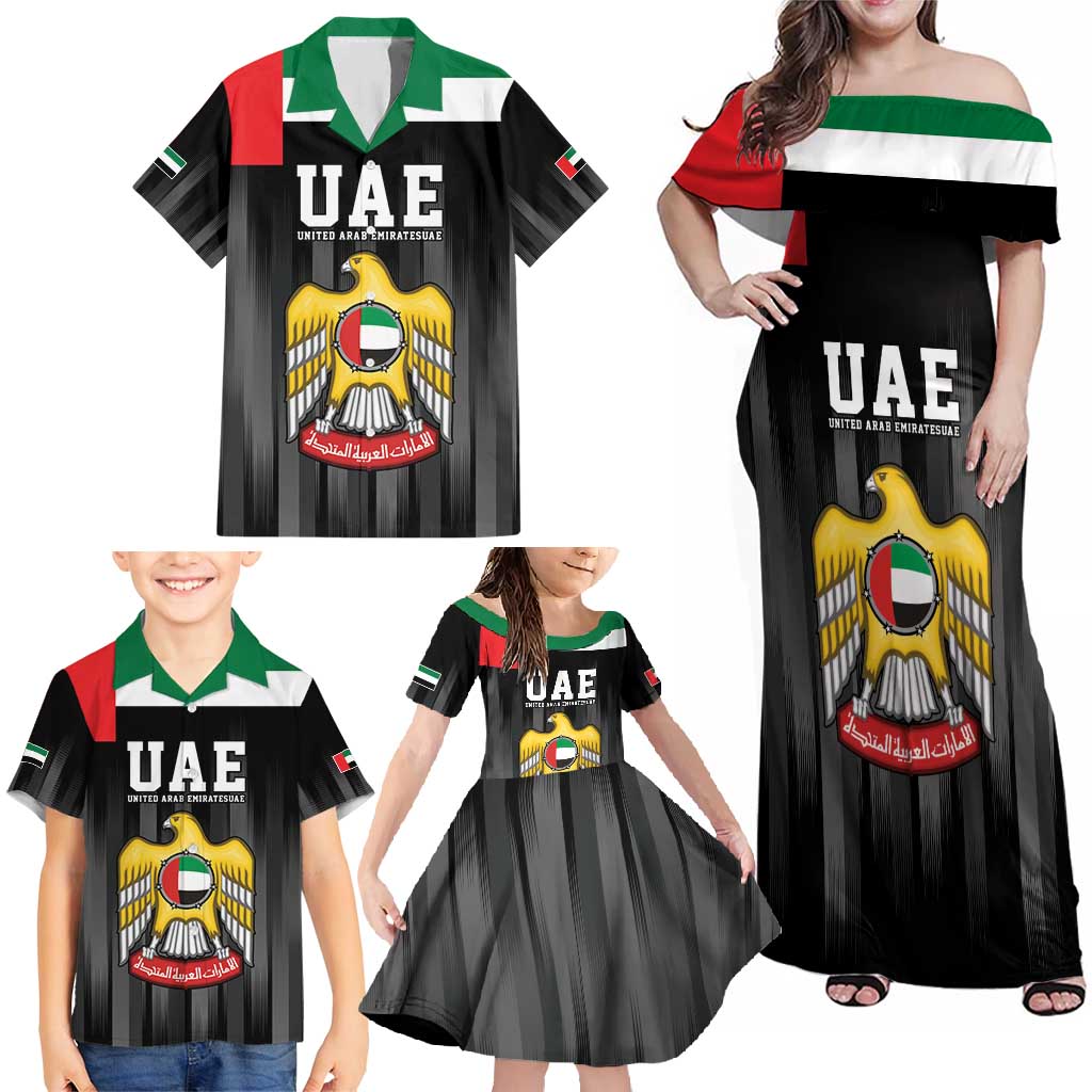 United Arab Emirates Family Matching Off Shoulder Maxi Dress and Hawaiian Shirt UAE Emblem Hawk of Quraish LT9 - Wonder Print Shop