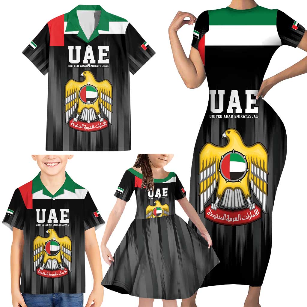 United Arab Emirates Family Matching Short Sleeve Bodycon Dress and Hawaiian Shirt UAE Emblem Hawk of Quraish - Wonder Print Shop