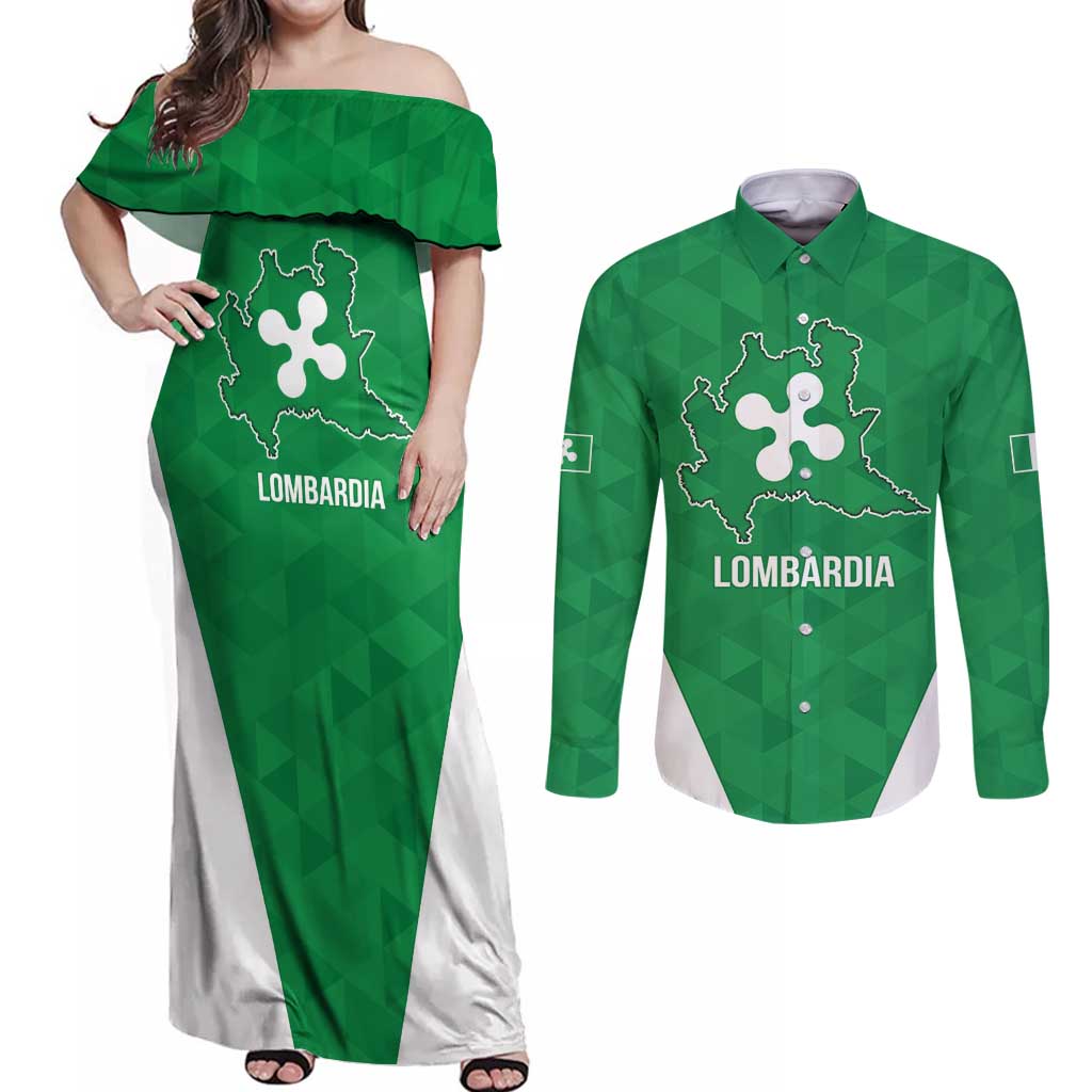 Personalized Italy Lombardy Couples Matching Off Shoulder Maxi Dress and Long Sleeve Button Shirt Inspiration Flags Style