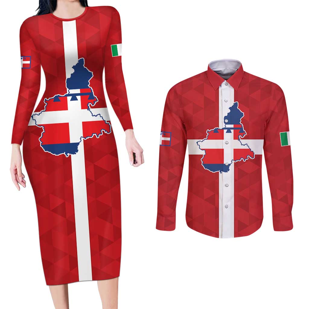 Personalized Italy Piedmont Couples Matching Long Sleeve Bodycon Dress and Long Sleeve Button Shirt Inspiration Flags Style