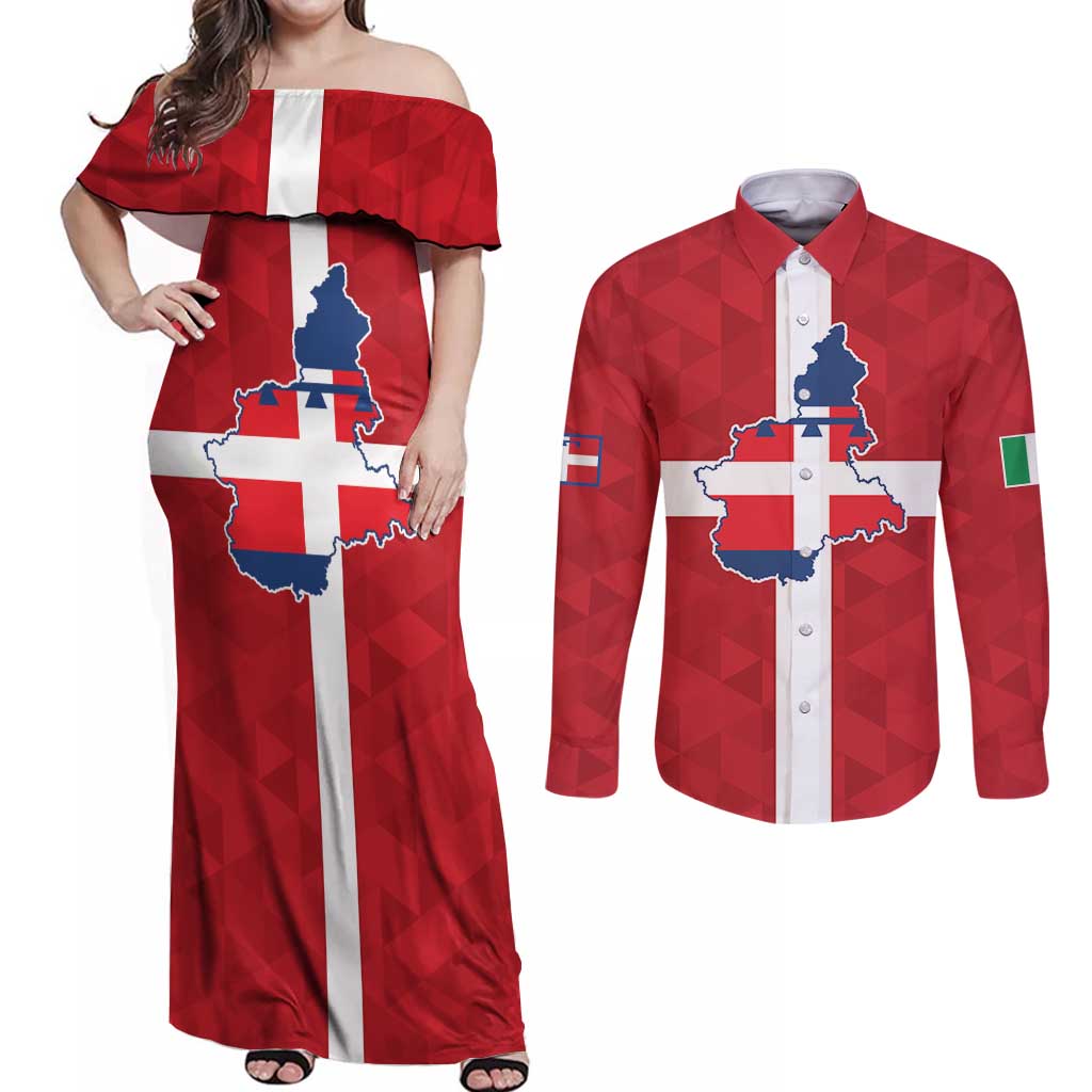 Personalized Italy Piedmont Couples Matching Off Shoulder Maxi Dress and Long Sleeve Button Shirt Inspiration Flags Style