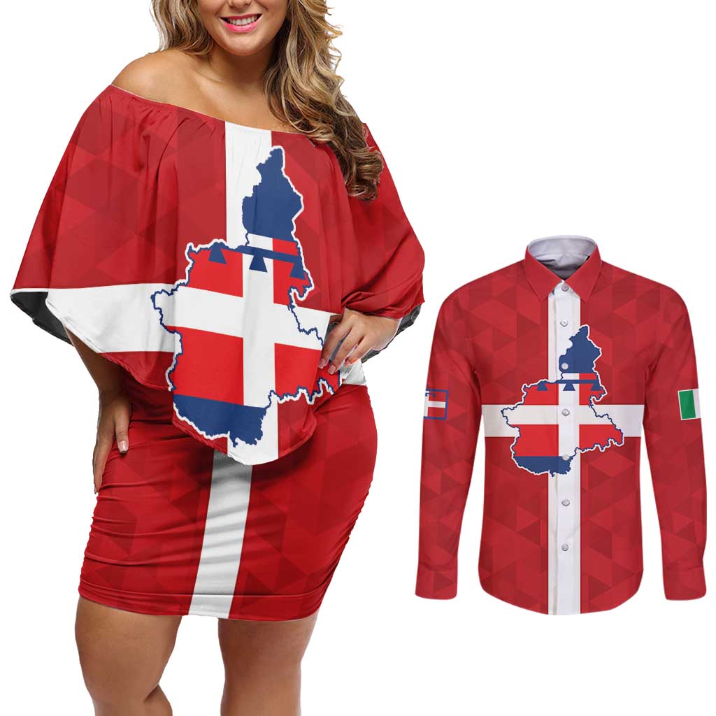 Personalized Italy Piedmont Couples Matching Off Shoulder Short Dress and Long Sleeve Button Shirt Inspiration Flags Style
