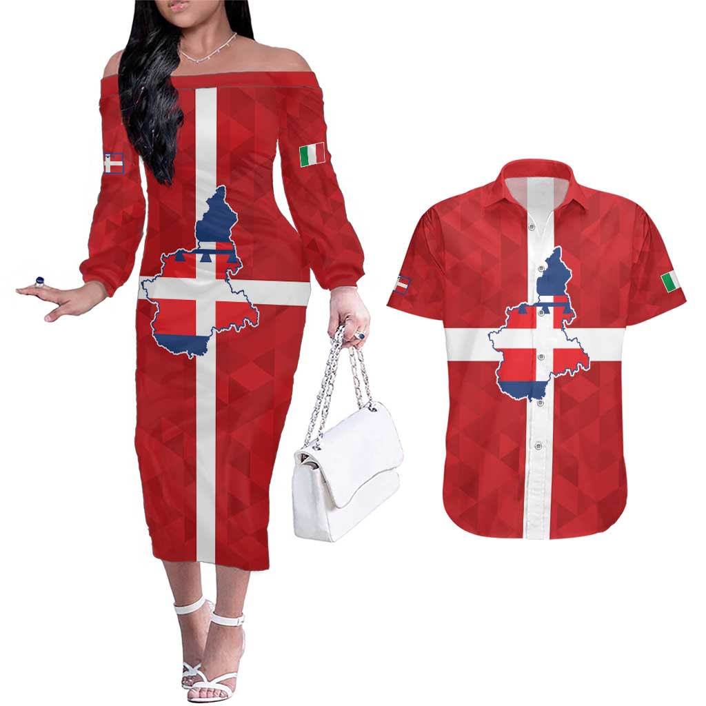 Personalized Italy Piedmont Couples Matching Off The Shoulder Long Sleeve Dress and Hawaiian Shirt Inspiration Flags Style