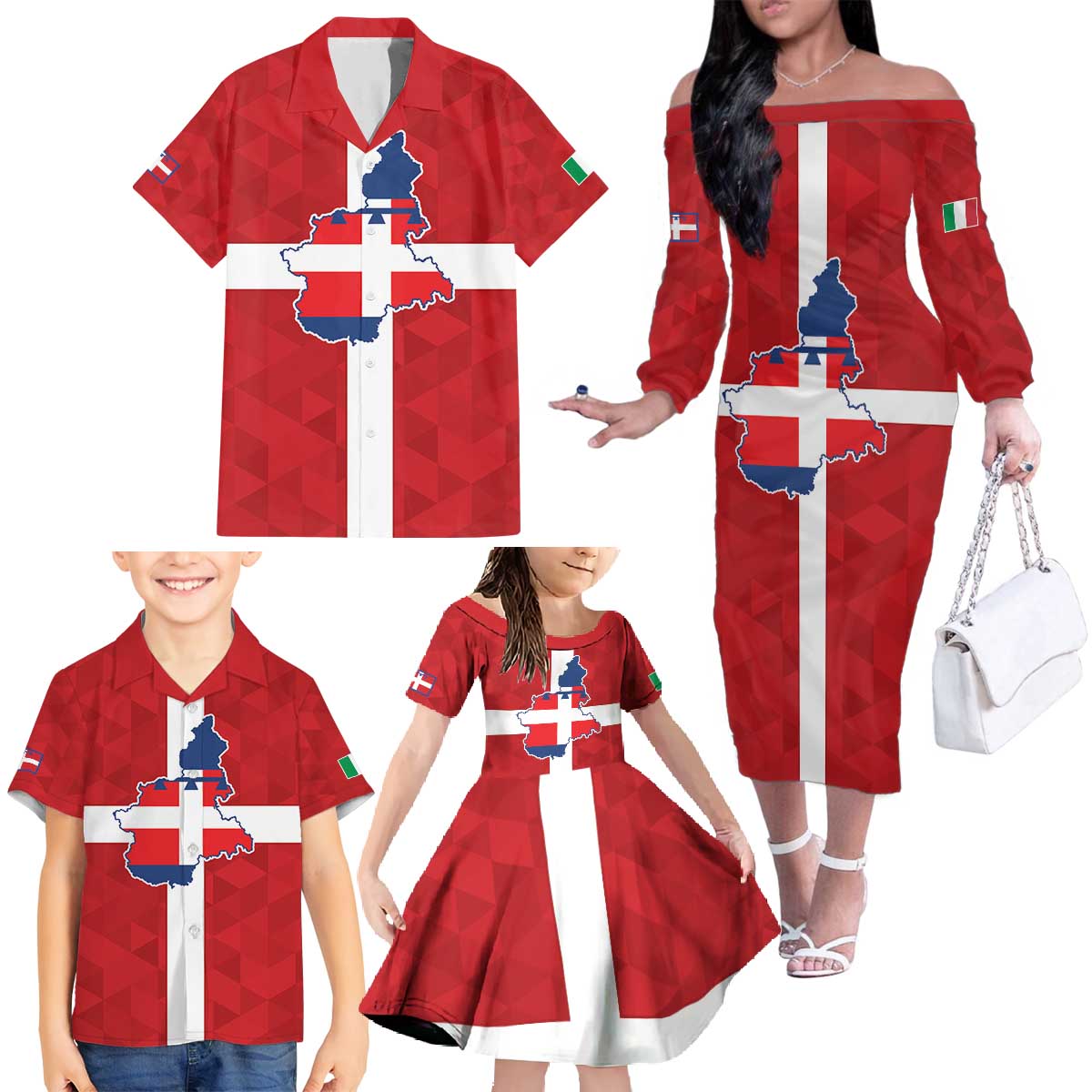 Personalized Italy Piedmont Family Matching Off The Shoulder Long Sleeve Dress and Hawaiian Shirt Inspiration Flags Style