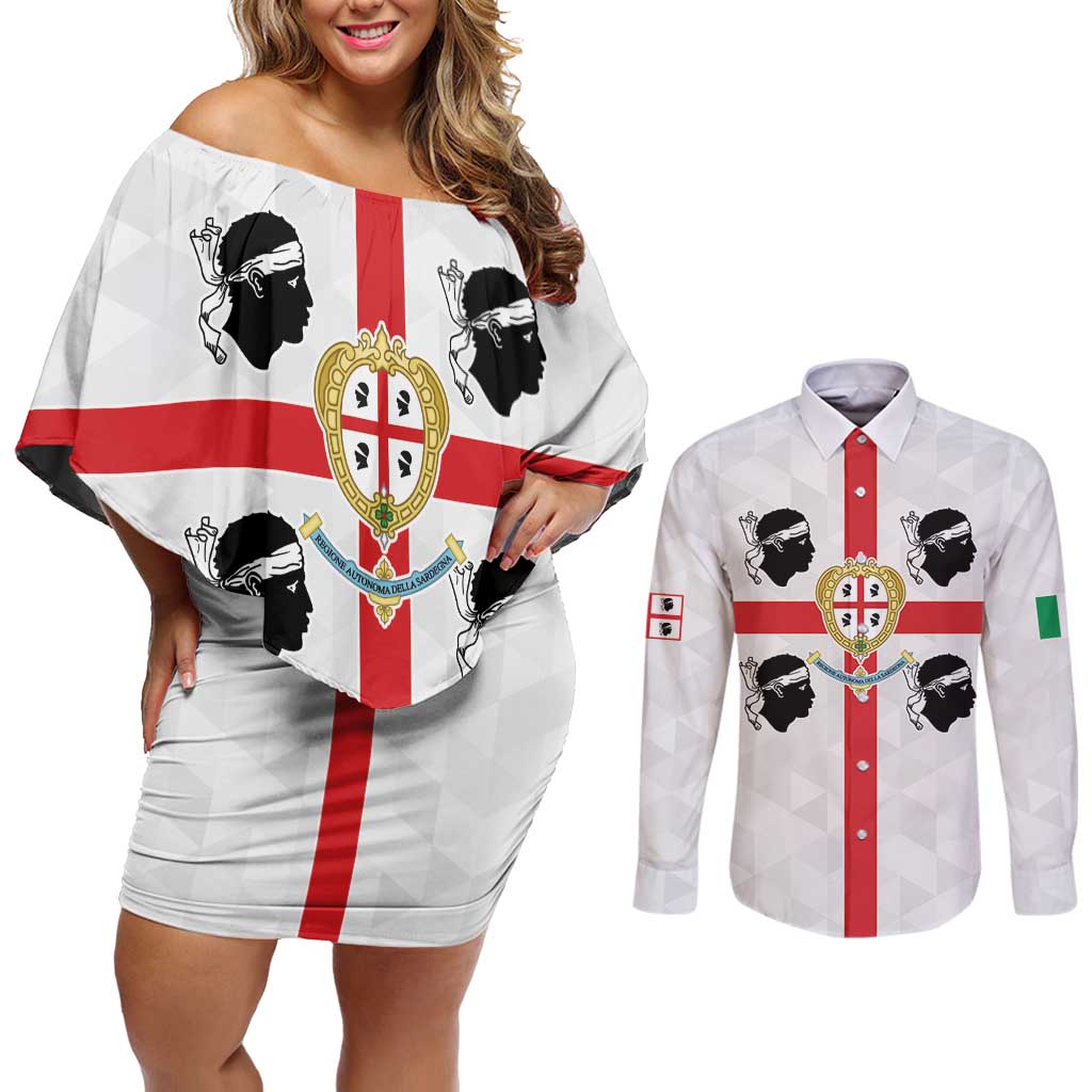 Personalized Italy Sardinia Couples Matching Off Shoulder Short Dress and Long Sleeve Button Shirt Inspiration Flags Style