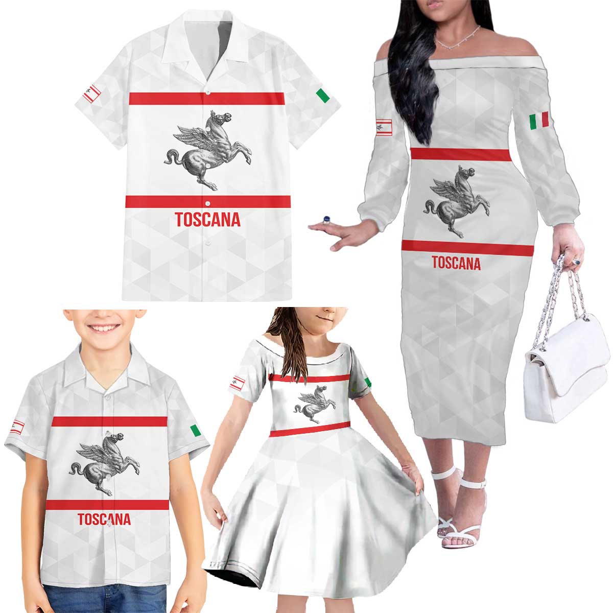 Personalized Italy Tuscany Pegasus Rampant Family Matching Off The Shoulder Long Sleeve Dress and Hawaiian Shirt Inspiration Flags Style