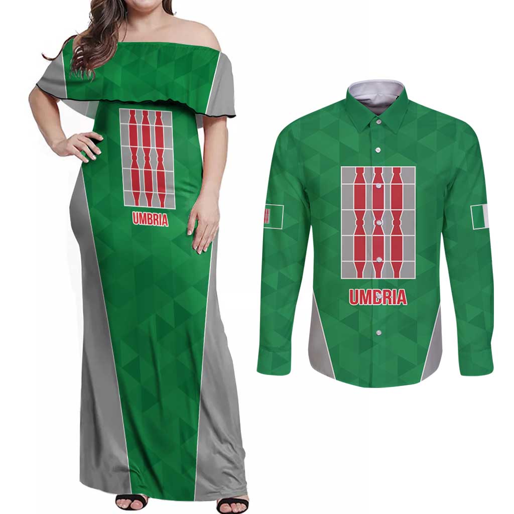 Personalized Italy Umbria Couples Matching Off Shoulder Maxi Dress and Long Sleeve Button Shirt Inspiration Flags Style LT9