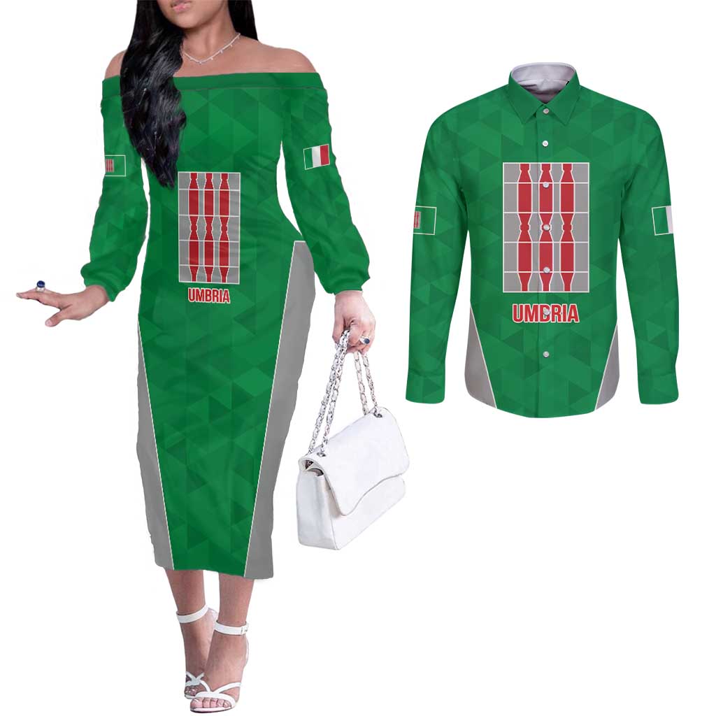Personalized Italy Umbria Couples Matching Off The Shoulder Long Sleeve Dress and Long Sleeve Button Shirt Inspiration Flags Style LT9