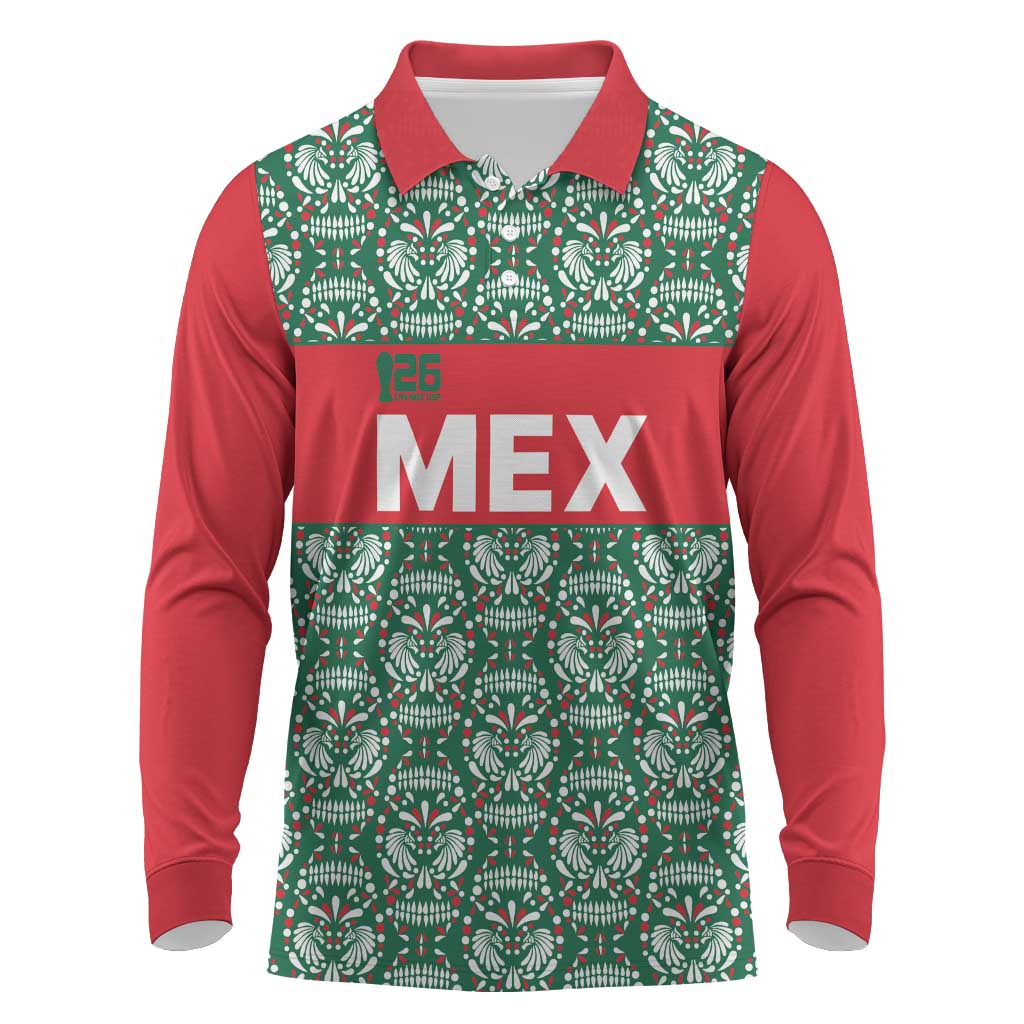 Mexico WC26 Custom Long Sleeve Polo Shirt Minimalist Aztec Eagle El Tricolor