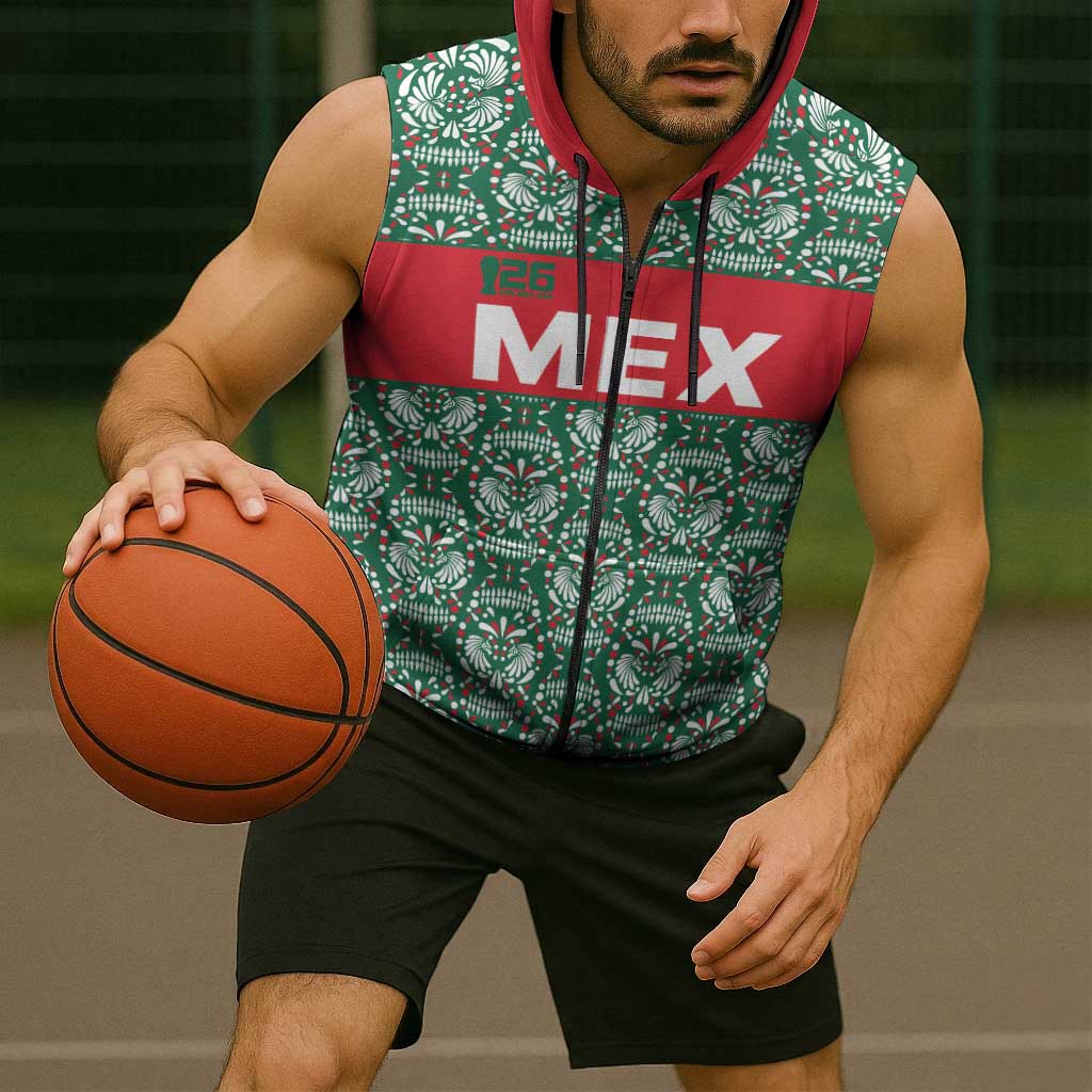 Mexico WC26 Custom Sleeveless Zip Hoodie Minimalist Aztec Eagle El Tricolor