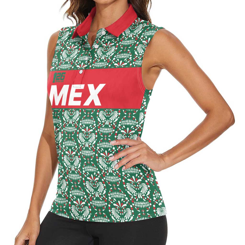 Mexico WC26 Custom Women Sleeveless Polo Shirt Minimalist Aztec Eagle El Tricolor