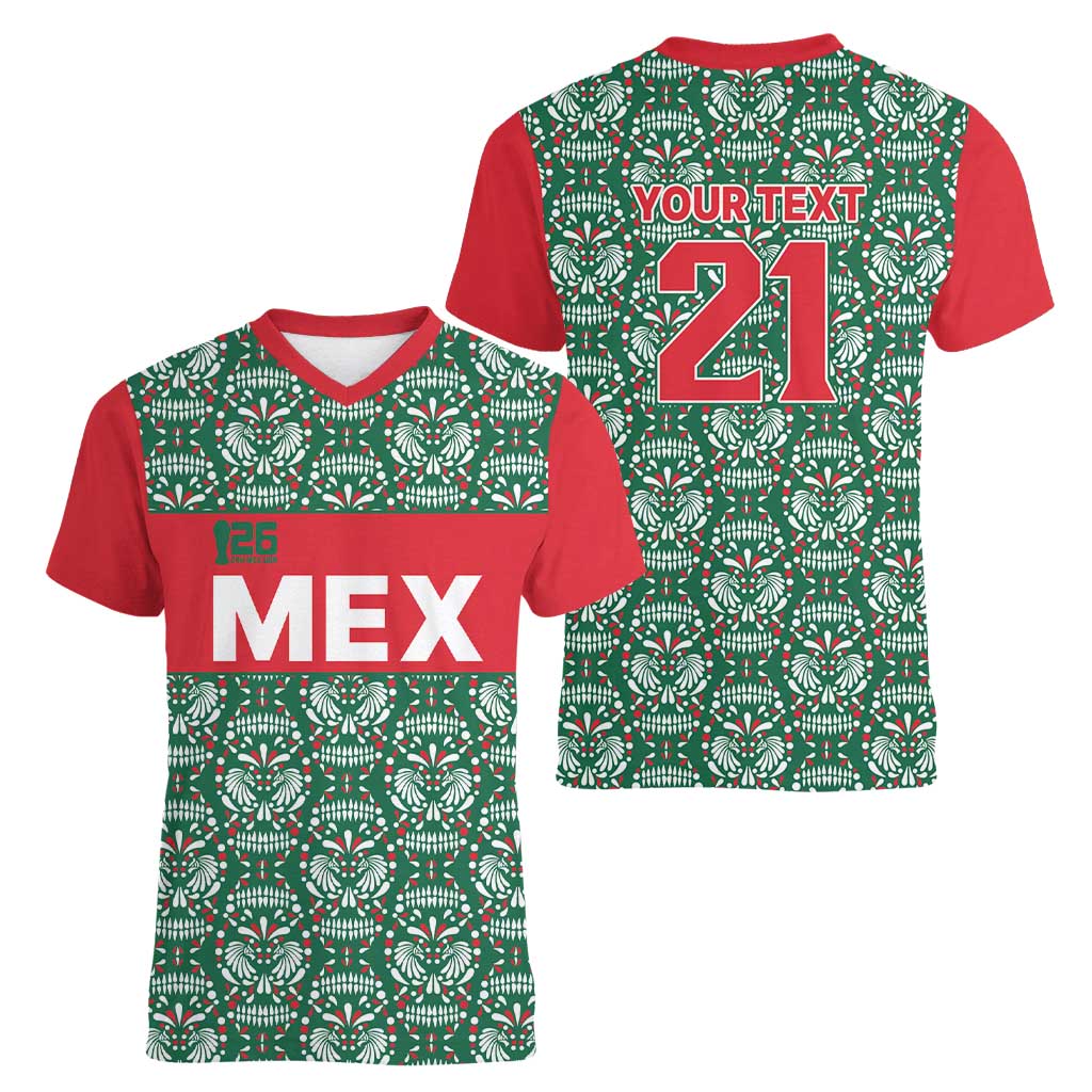 Mexico WC26 Custom Women V-Neck T-Shirt Minimalist Aztec Eagle El Tricolor