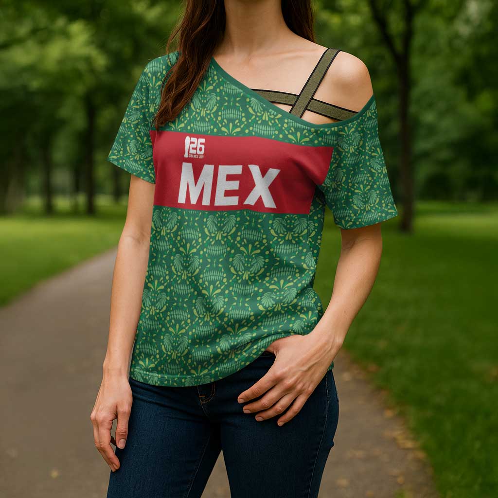 Mexico WC26 Custom Cross Shoulder Shirt Minimalist Aztec Eagle Green Color