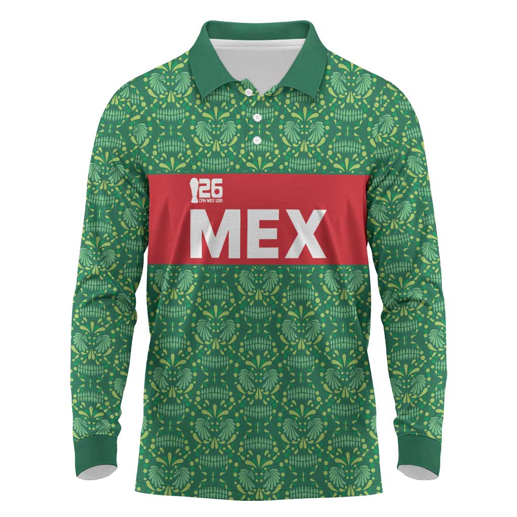 Mexico WC26 Custom Long Sleeve Polo Shirt Minimalist Aztec Eagle Green Color