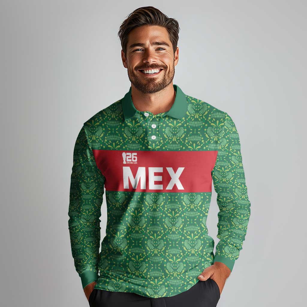 Mexico WC26 Custom Long Sleeve Polo Shirt Minimalist Aztec Eagle Green Color