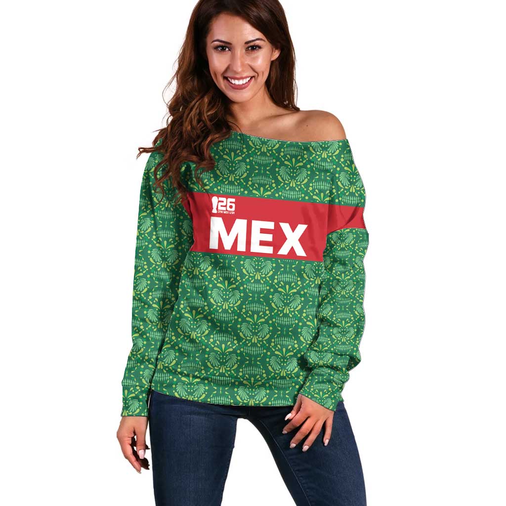 Mexico WC26 Custom Off Shoulder Sweater Minimalist Aztec Eagle Green Color