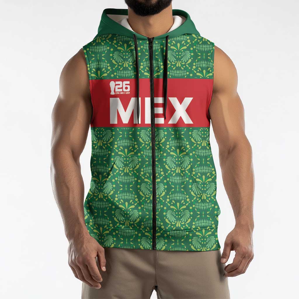Mexico WC26 Custom Sleeveless Zip Hoodie Minimalist Aztec Eagle Green Color