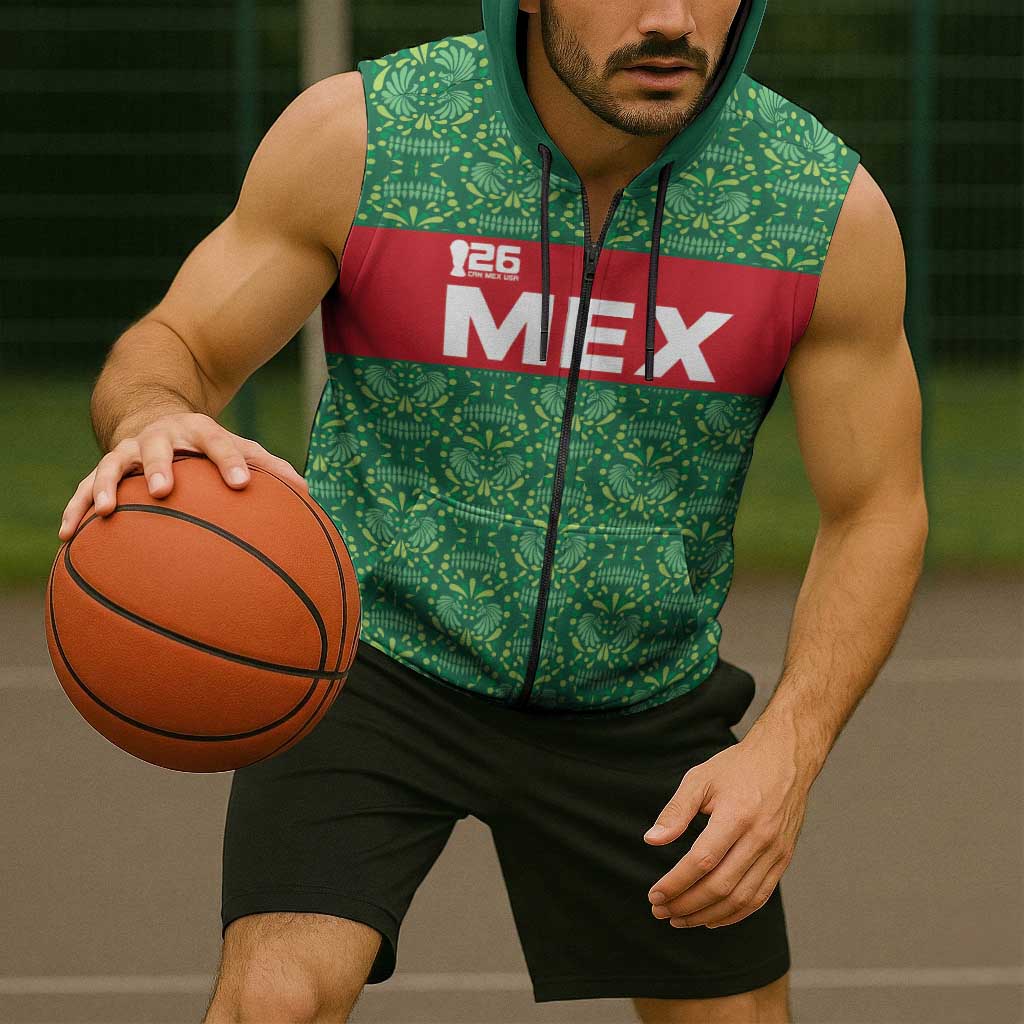 Mexico WC26 Custom Sleeveless Zip Hoodie Minimalist Aztec Eagle Green Color