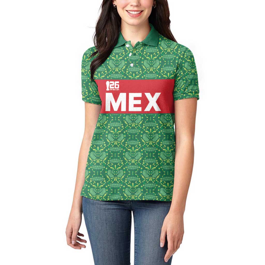 Mexico WC26 Custom Women Polo Shirt Minimalist Aztec Eagle Green Color