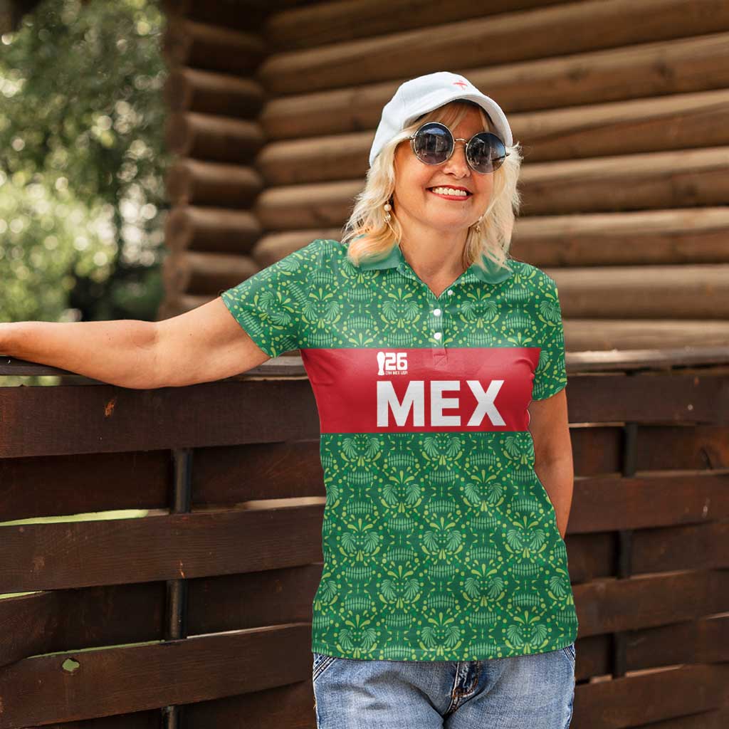 Mexico WC26 Custom Women Polo Shirt Minimalist Aztec Eagle Green Color