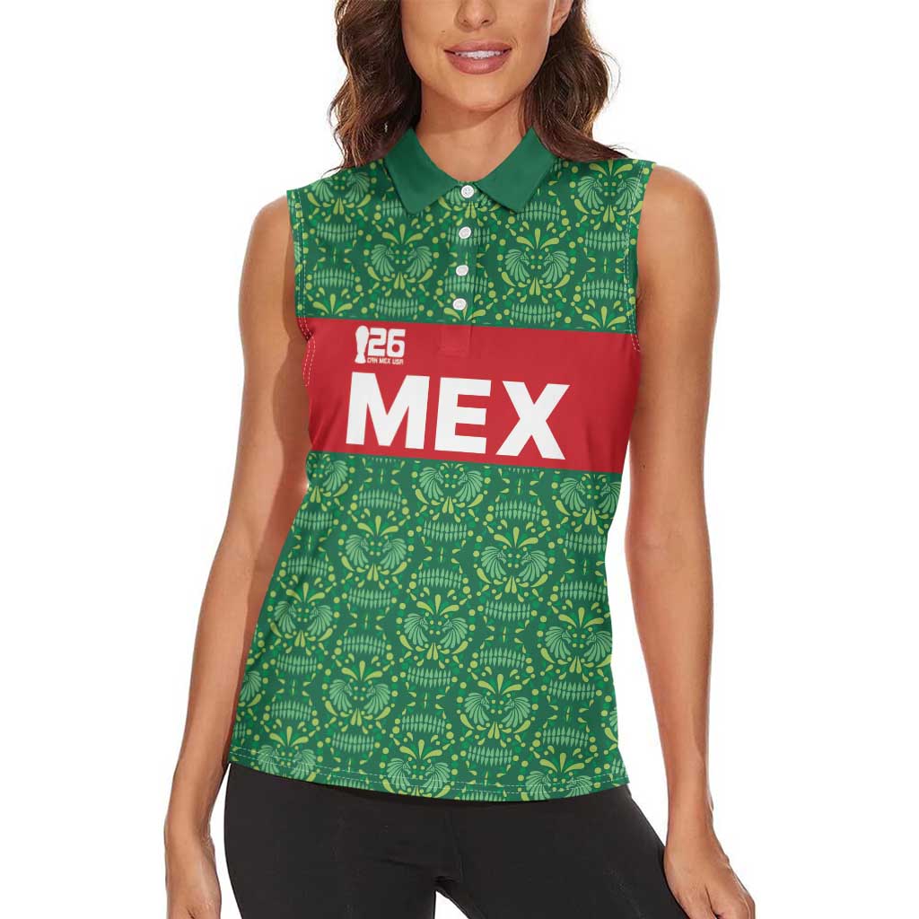 Mexico WC26 Custom Women Sleeveless Polo Shirt Minimalist Aztec Eagle Green Color