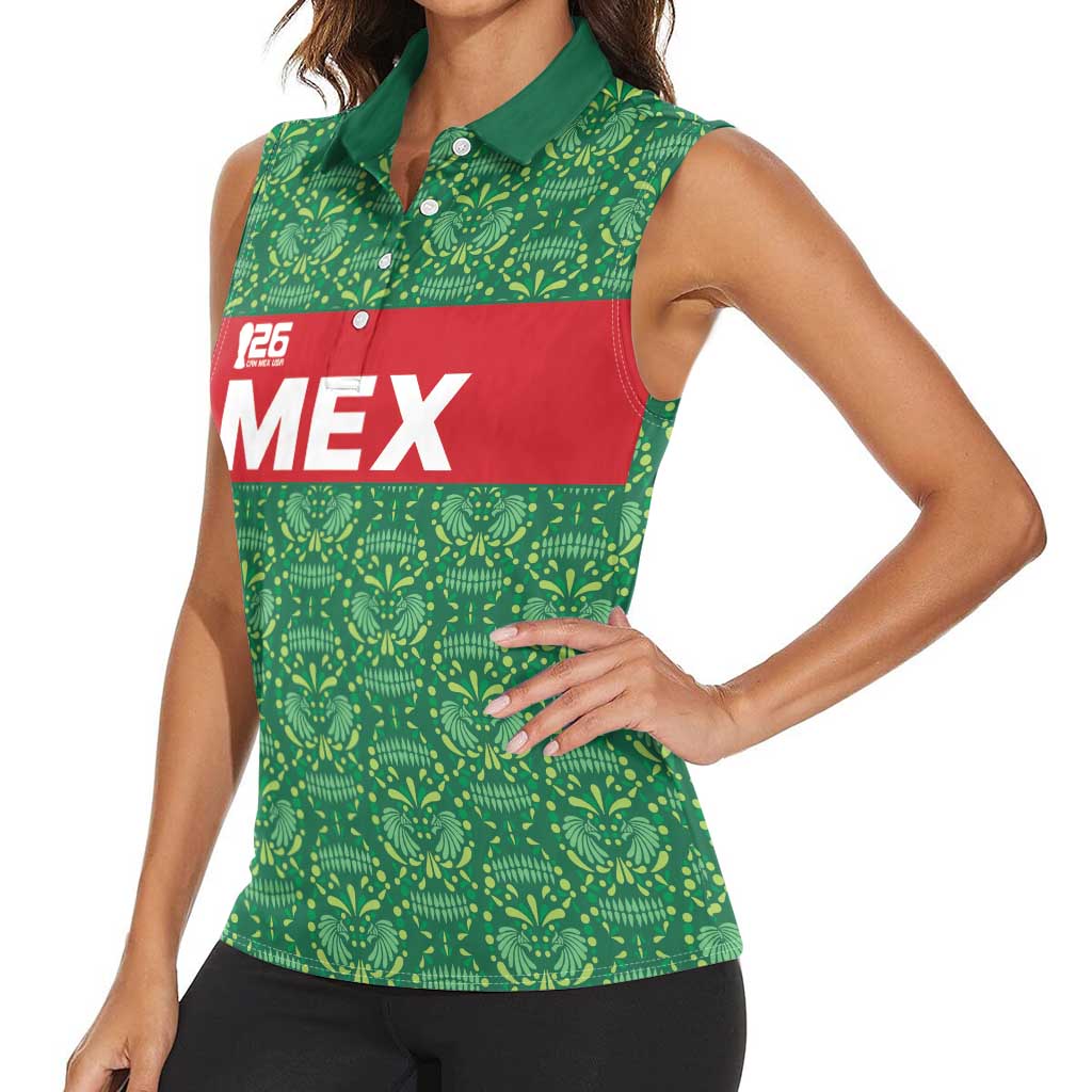 Mexico WC26 Custom Women Sleeveless Polo Shirt Minimalist Aztec Eagle Green Color