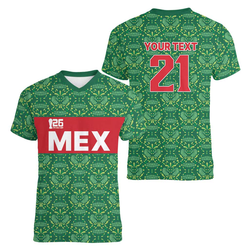 Mexico WC26 Custom Women V-Neck T-Shirt Minimalist Aztec Eagle Green Color