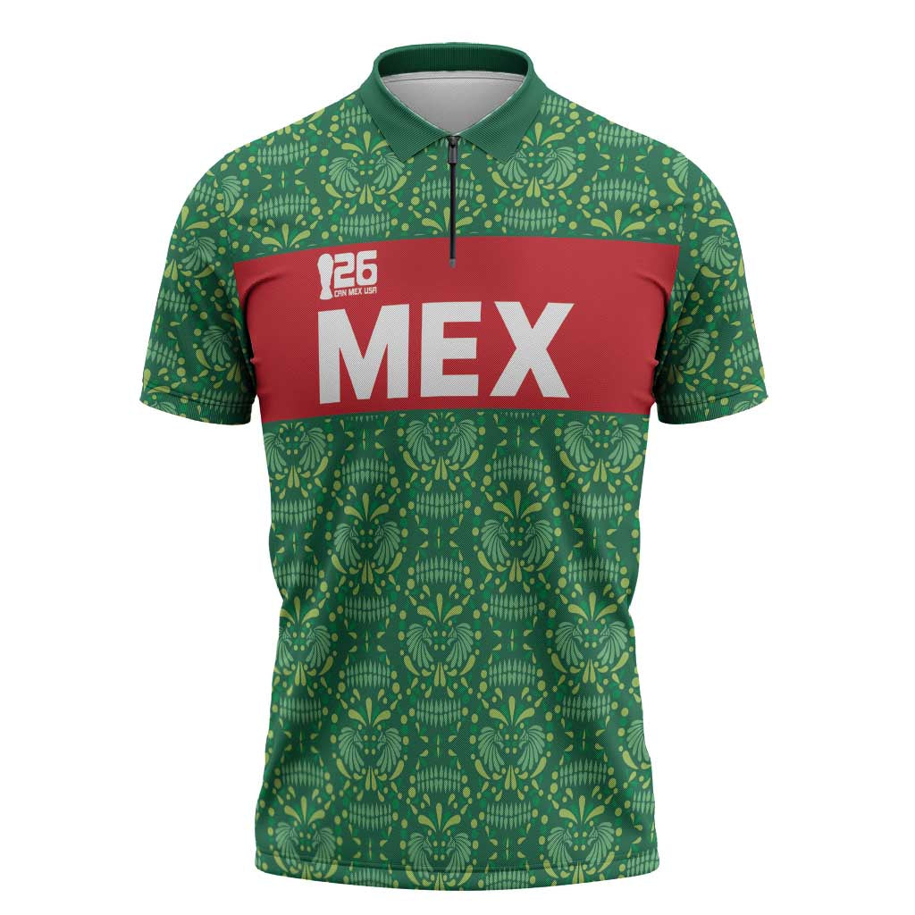 Mexico WC26 Custom Zipper Polo Shirt Minimalist Aztec Eagle Green Color
