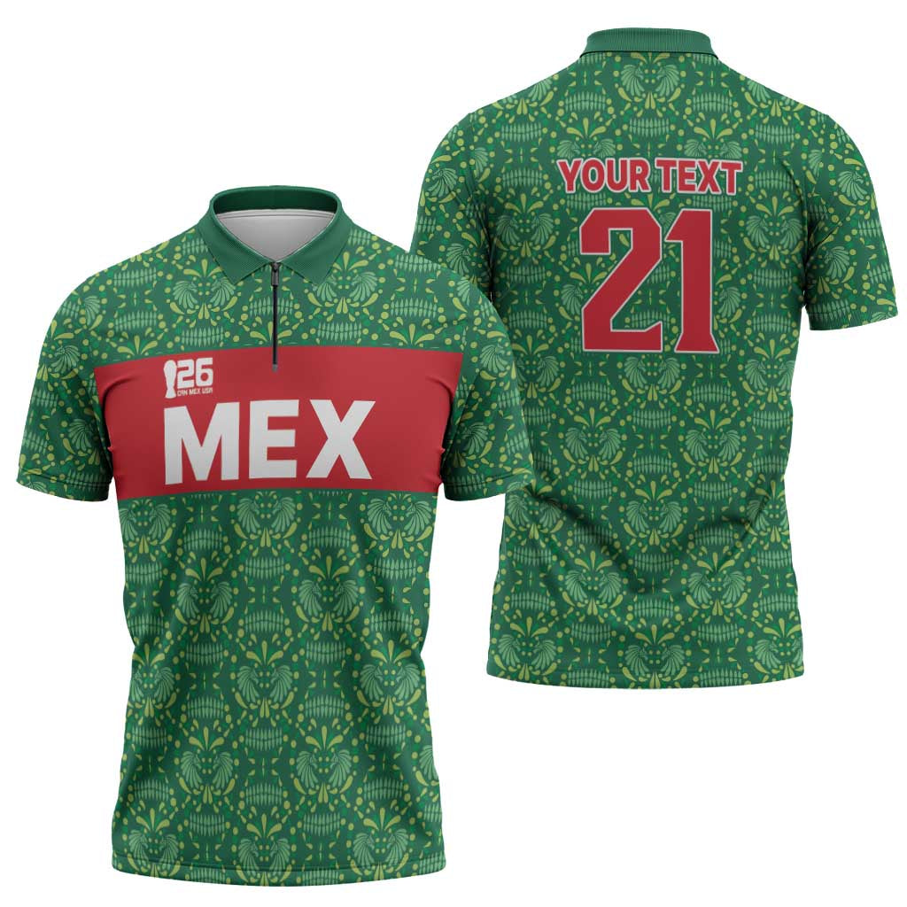 Mexico WC26 Custom Zipper Polo Shirt Minimalist Aztec Eagle Green Color