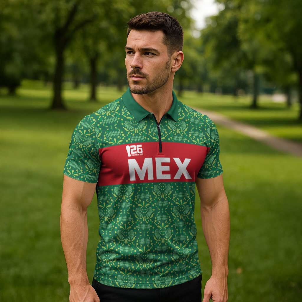 Mexico WC26 Custom Zipper Polo Shirt Minimalist Aztec Eagle Green Color