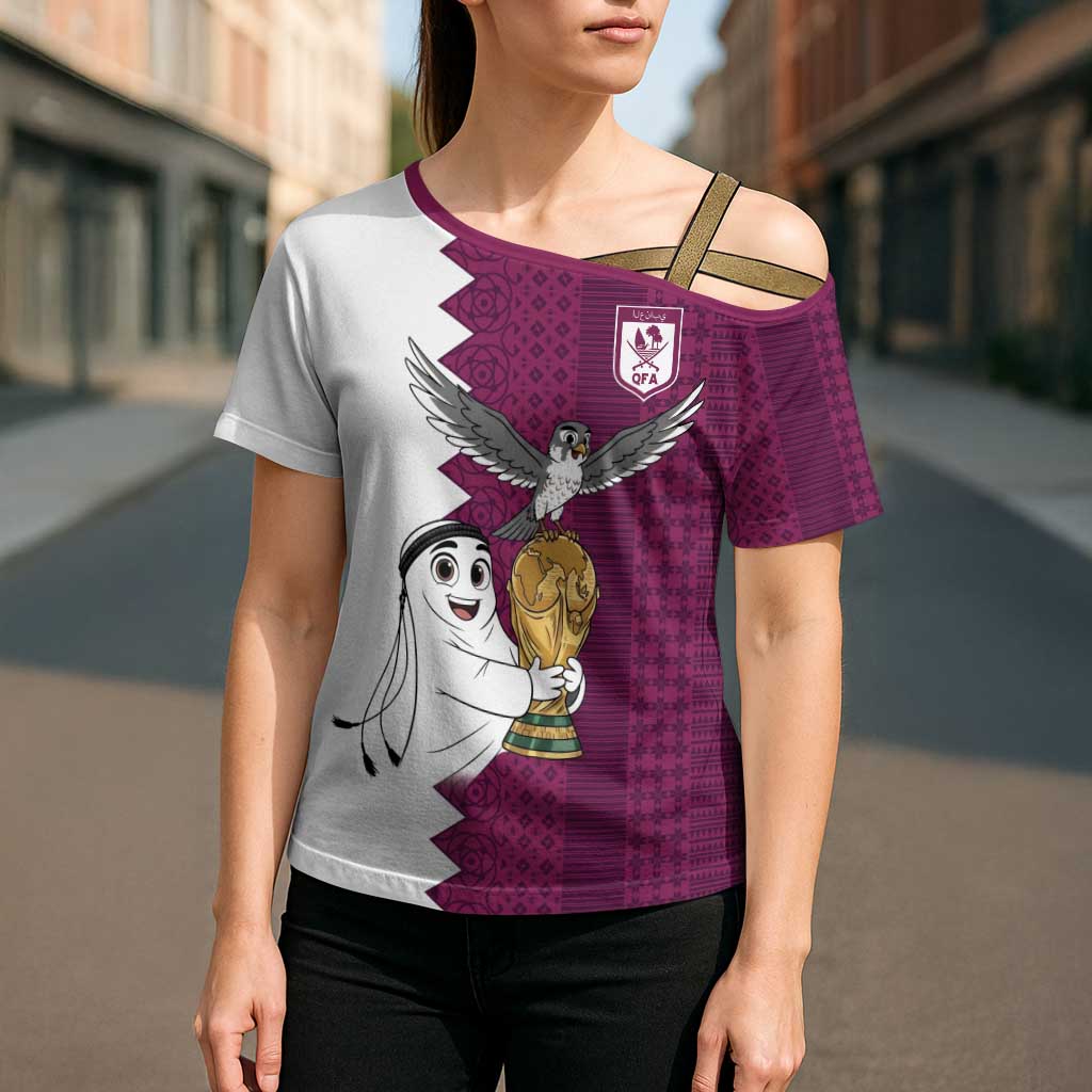 Qatar WC26 Custom Cross Shoulder Shirt Funny La'eeb with Arabic Pattern