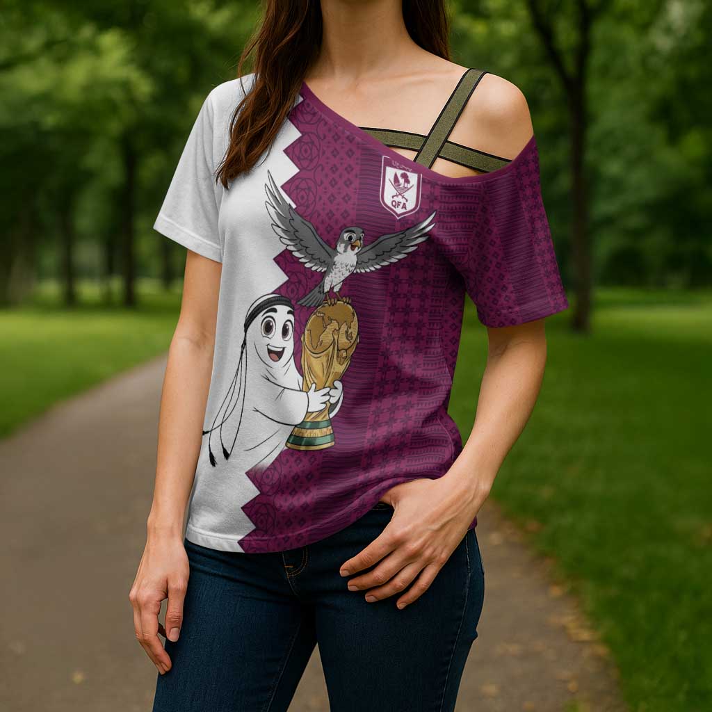 Qatar WC26 Custom Cross Shoulder Shirt Funny La'eeb with Arabic Pattern