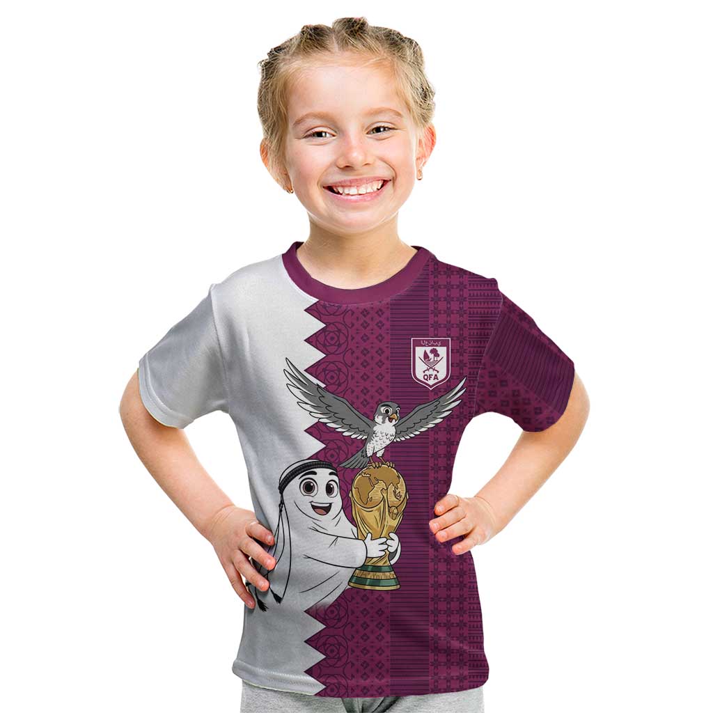 Qatar WC26 Custom Kid T Shirt Funny La'eeb with Arabic Pattern