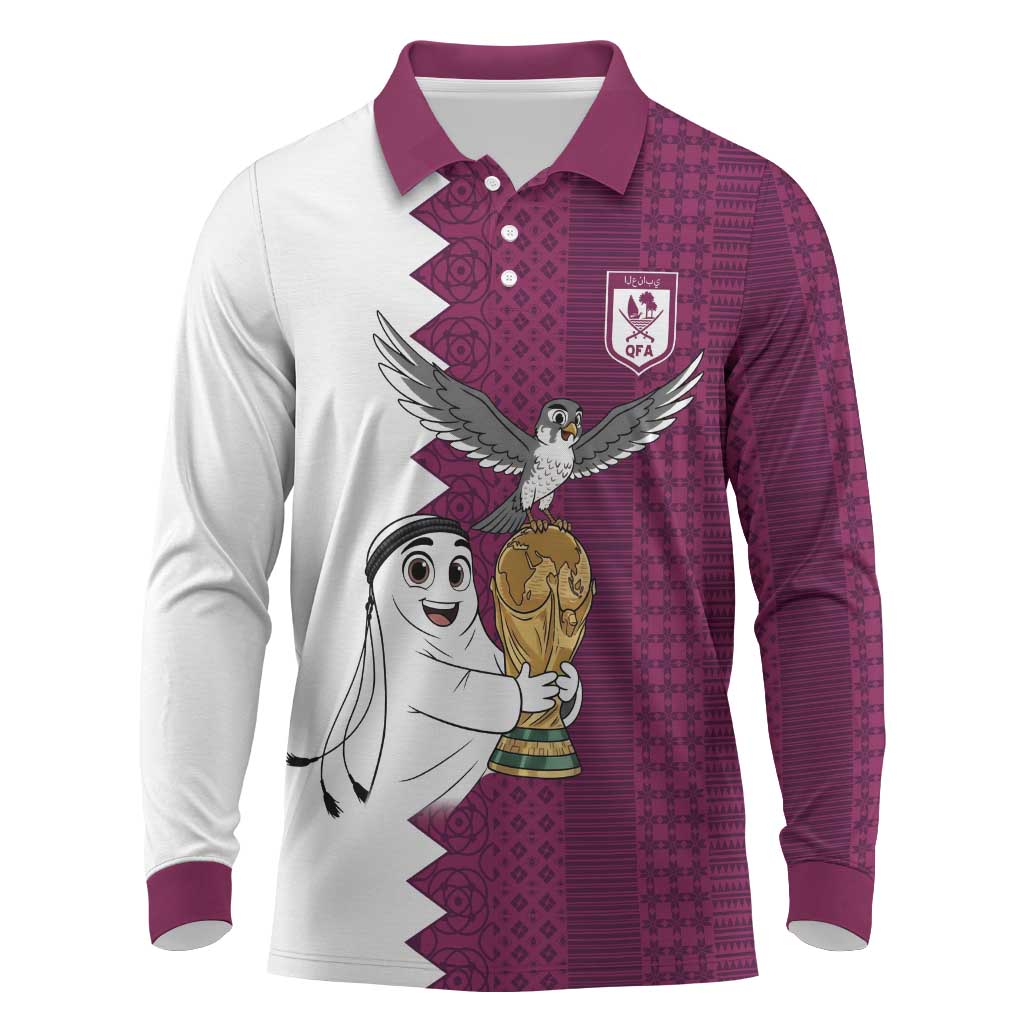 Qatar WC26 Custom Long Sleeve Polo Shirt Funny La'eeb with Arabic Pattern