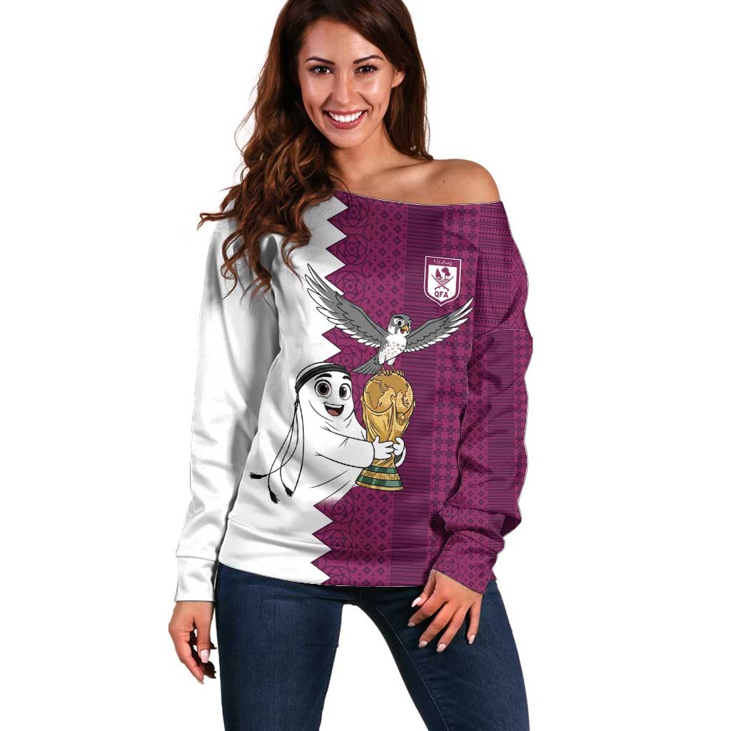 Qatar WC26 Custom Off Shoulder Sweater Funny La'eeb with Arabic Pattern