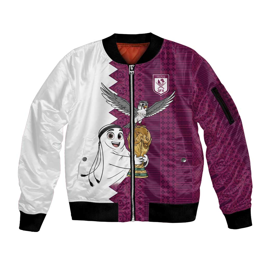 Qatar WC26 Custom Sleeve Zip Bomber Jacket Funny La'eeb with Arabic Pattern